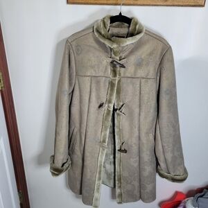 NWT Dennis Basso Tan Suede Feel Patterned Coat with Faux Fur Trim, Size M
